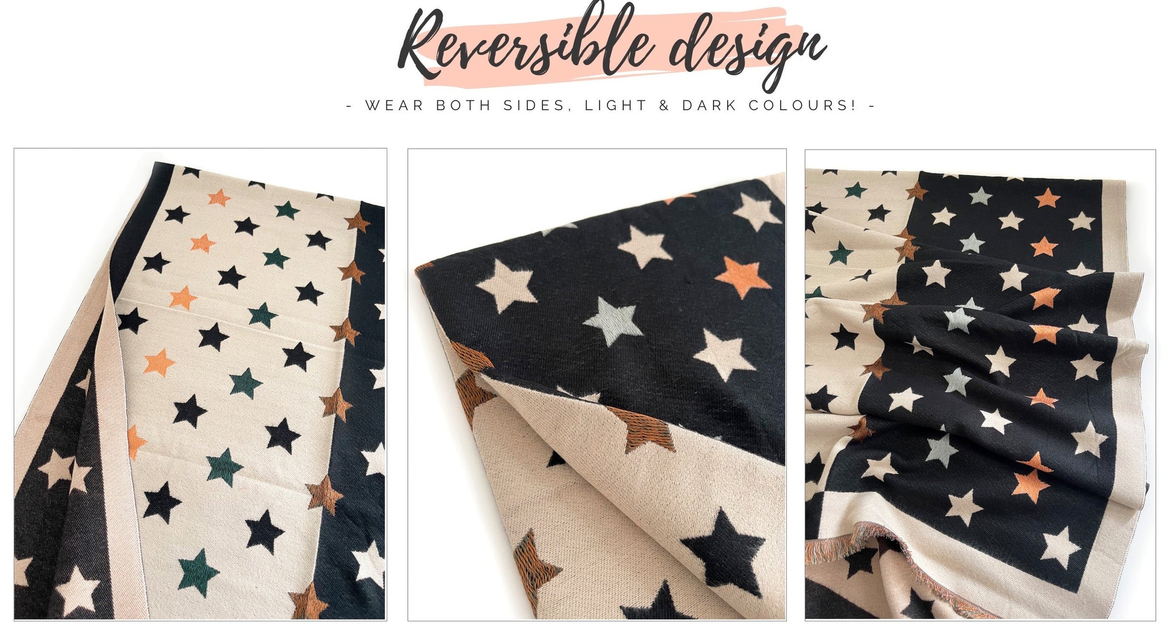 LARGE BLACK WOOL STAR PRINT REVERSIBLE WINTER SHAWL BLANKET SCARF