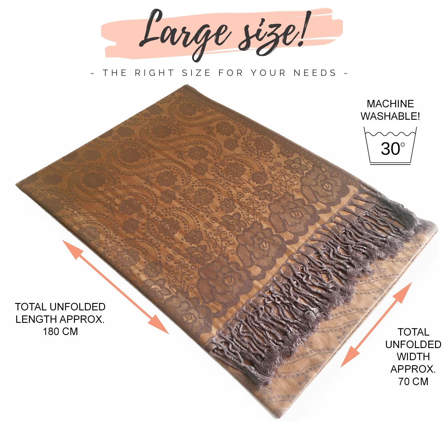 LARGE BRONZE GOLD SWIRL FLORAL PRINT REVERSIBLE PASHMINA SHAWL SCARF