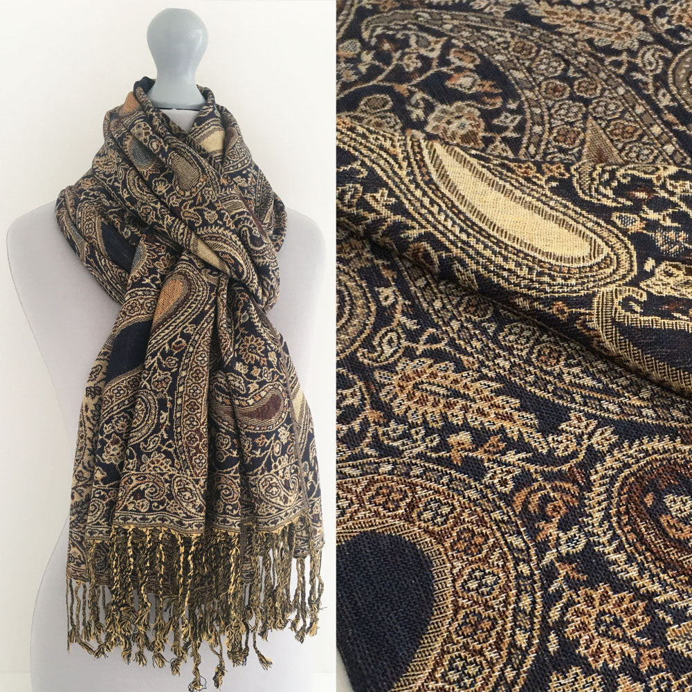 A-SHU LARGE BROWN MULTI COLOUR PAISLEY PRINT PASHMINA SHAWL SCARF - A-SHU.CO.UK
