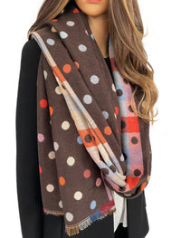 LARGE BROWN POLKA DOT COTTON MIX REVERSIBLE WINTER SHAWL BLANKET SCARF