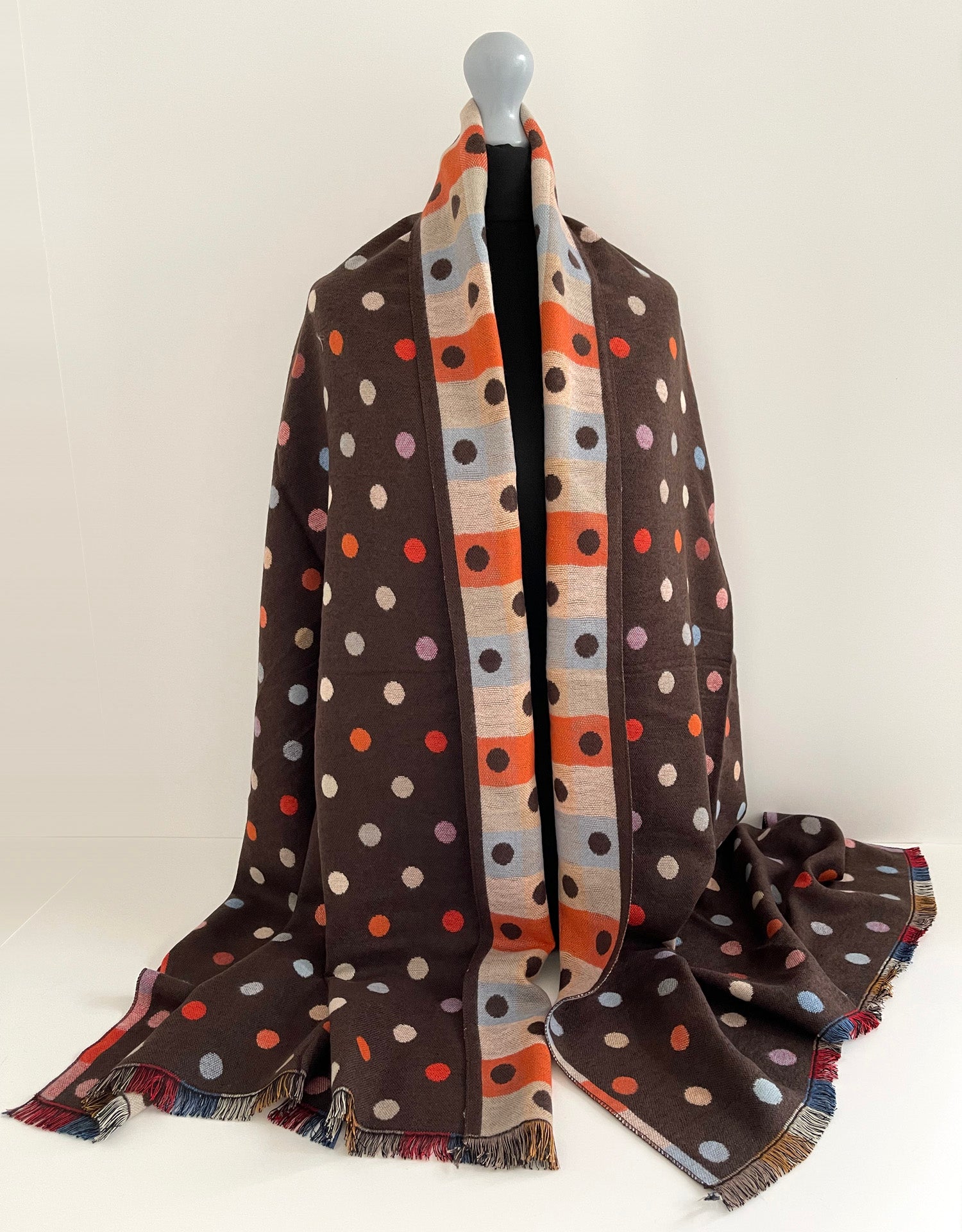 LARGE BROWN POLKA DOT COTTON MIX REVERSIBLE WINTER SHAWL BLANKET SCARF