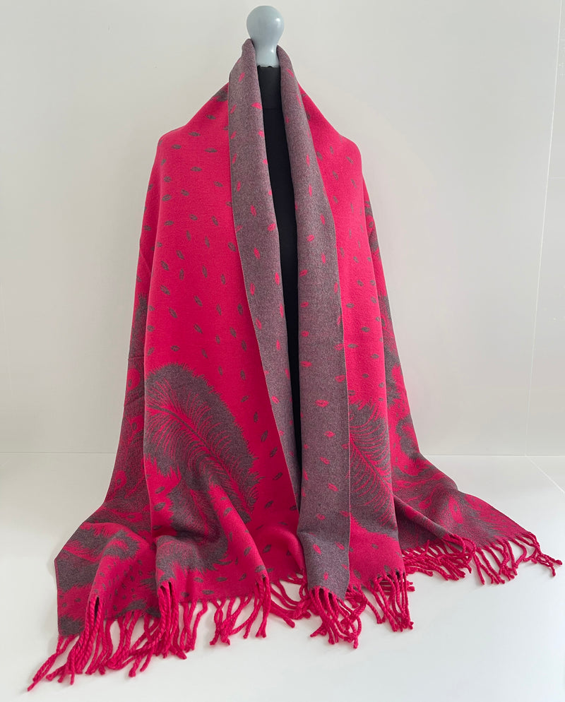 LARGE FUCHSIA CASHMERE FEATHER PRINT REVERSIBLE WINTER SHAWL BLANKET SCARF