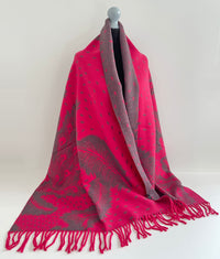 LARGE FUCHSIA CASHMERE FEATHER PRINT REVERSIBLE WINTER SHAWL BLANKET SCARF