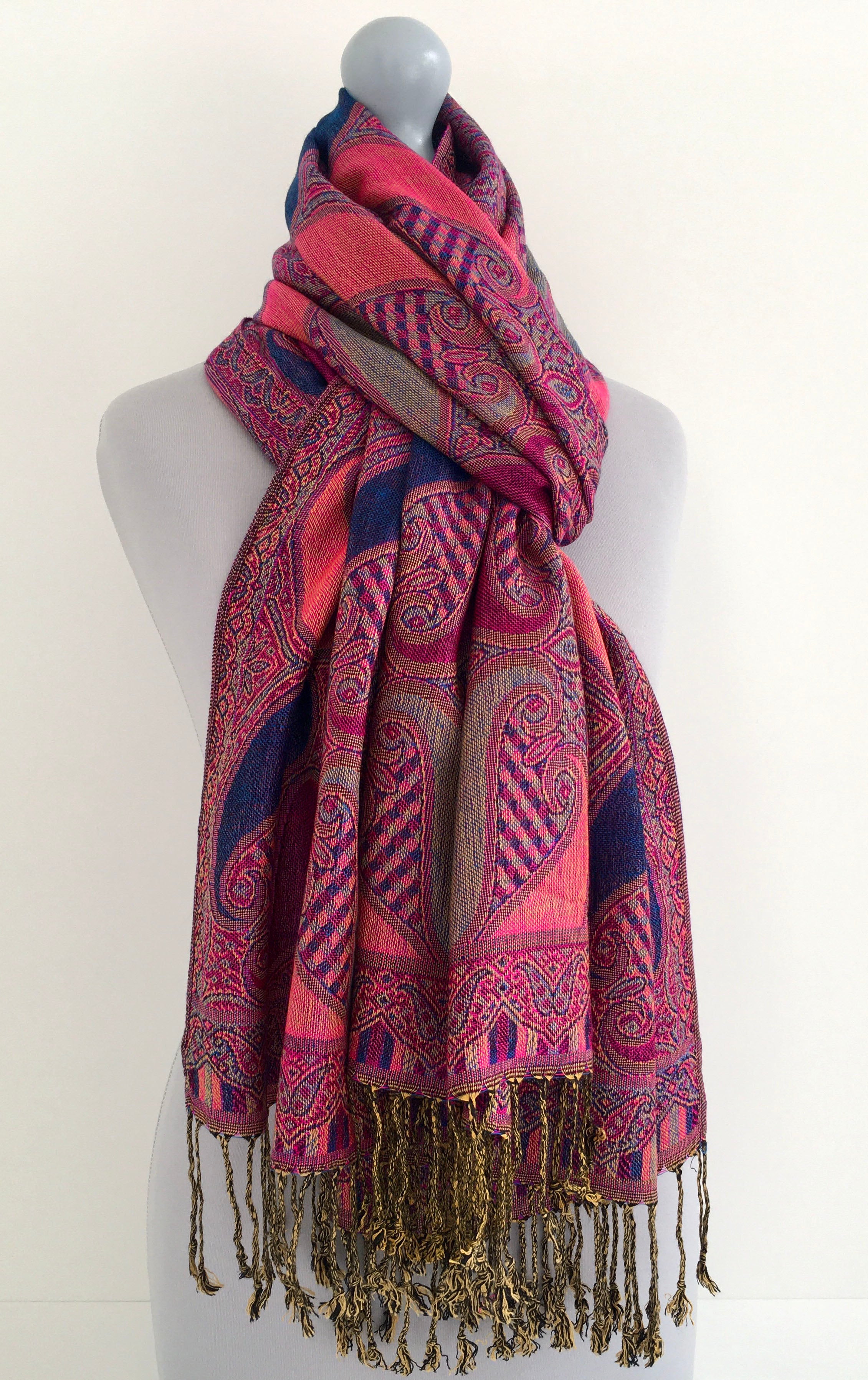LARGE FUCHSIA PINK GINGHAM PAISLEY PRINT REVERSIBLE PASHMINA SHAWL SCARF