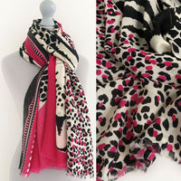 A-SHU LARGE FUSCHIA PINK COTTON MIX TIGER AND LEOPARD PRINT SHAWL SCARF - A-SHU.CO.UK