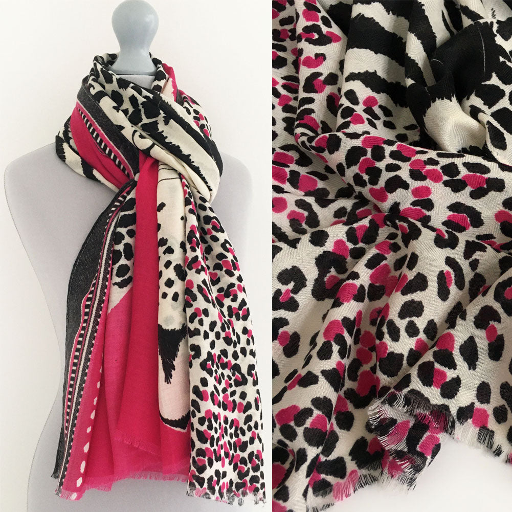A-SHU LARGE FUSCHIA PINK COTTON MIX TIGER AND LEOPARD PRINT SHAWL SCARF - A-SHU.CO.UK