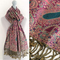 A-SHU LARGE FUSCHIA PINK MULTI COLOUR PAISLEY PRINT PASHMINA SHAWL SCARF - A-SHU.CO.UK