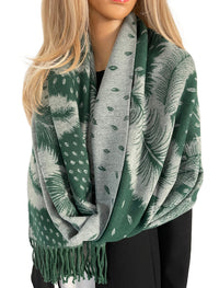 LARGE GREEN CASHMERE FEATHER PRINT REVERSIBLE WINTER SHAWL BLANKET SCARF