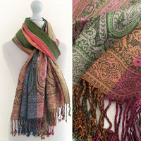 A-SHU LARGE GREEN RAINBOW MULTI COLOUR PAISLEY PRINT PASHMINA SHAWL SCARF - A-SHU.CO.UK