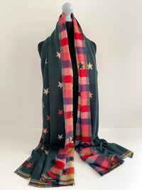 LARGE GREEN STAR PRINT REVERSIBLE CHECKED WINTER SHAWL BLANKET SCARF