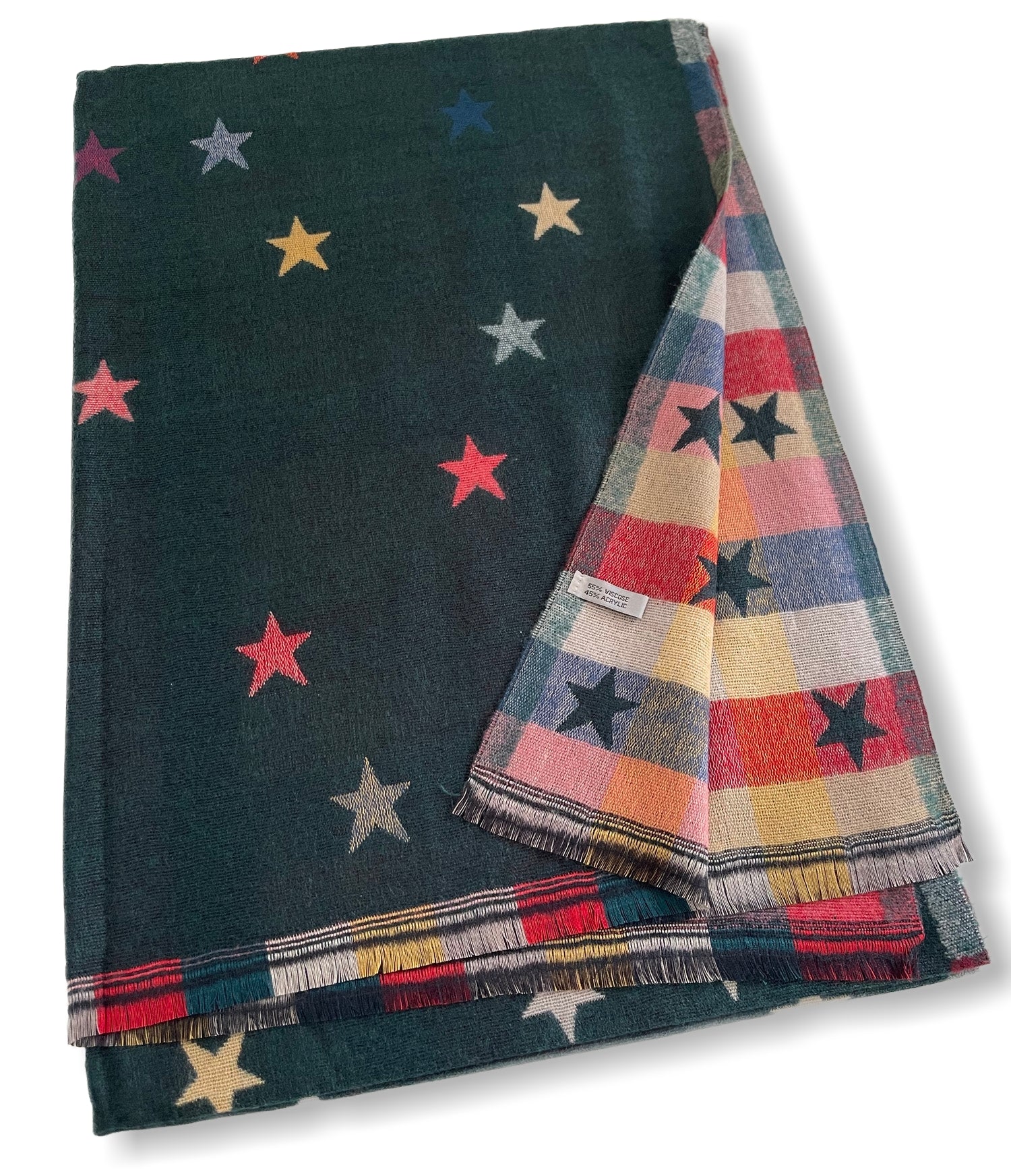 LARGE GREEN STAR PRINT REVERSIBLE CHECKED WINTER SHAWL BLANKET SCARF