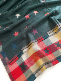 LARGE GREEN STAR PRINT REVERSIBLE CHECKED WINTER SHAWL BLANKET SCARF