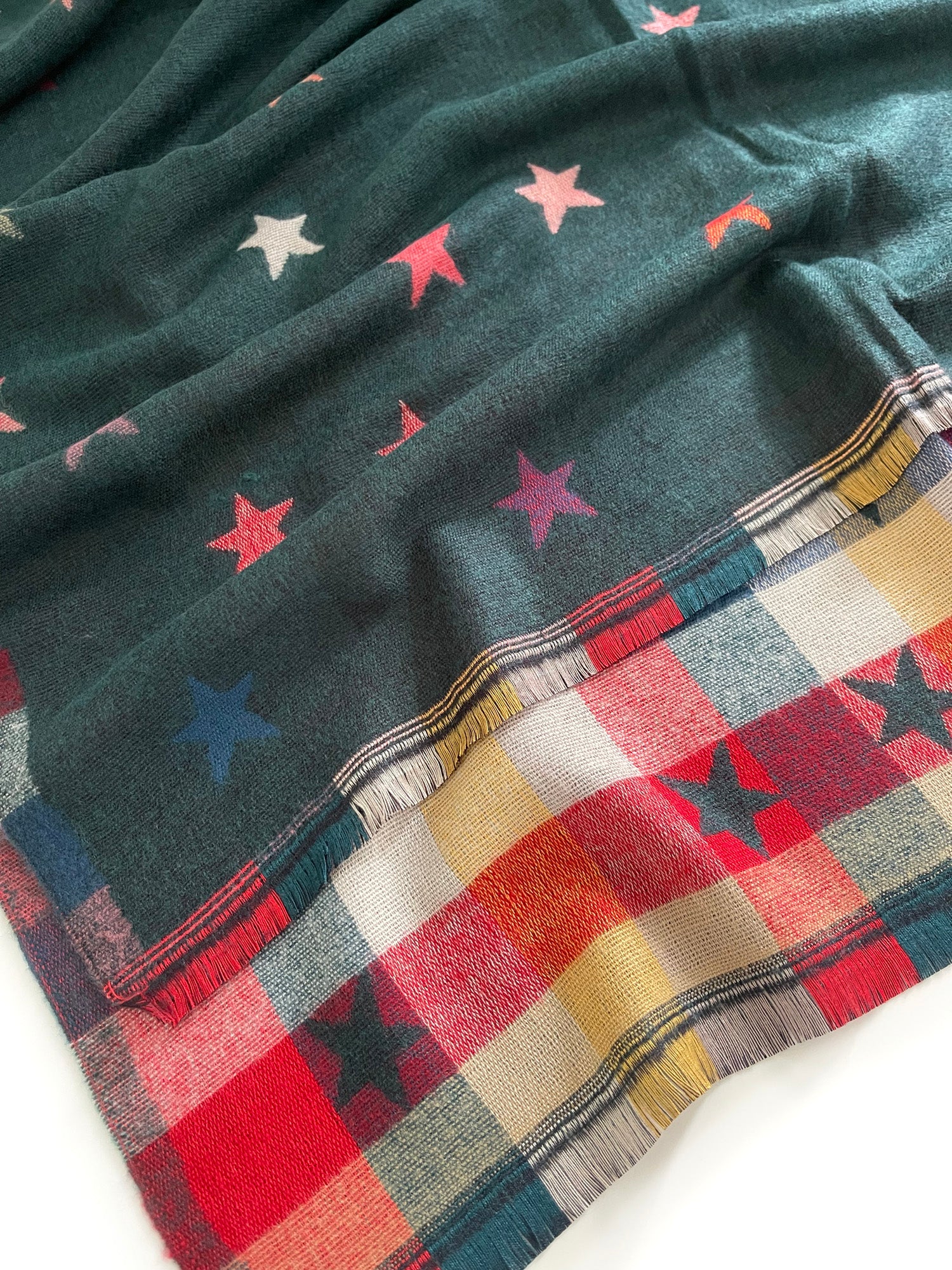 LARGE GREEN STAR PRINT REVERSIBLE CHECKED WINTER SHAWL BLANKET SCARF