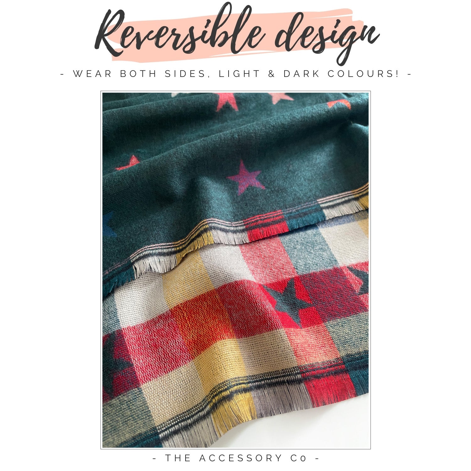LARGE GREEN STAR PRINT REVERSIBLE CHECKED WINTER SHAWL BLANKET SCARF