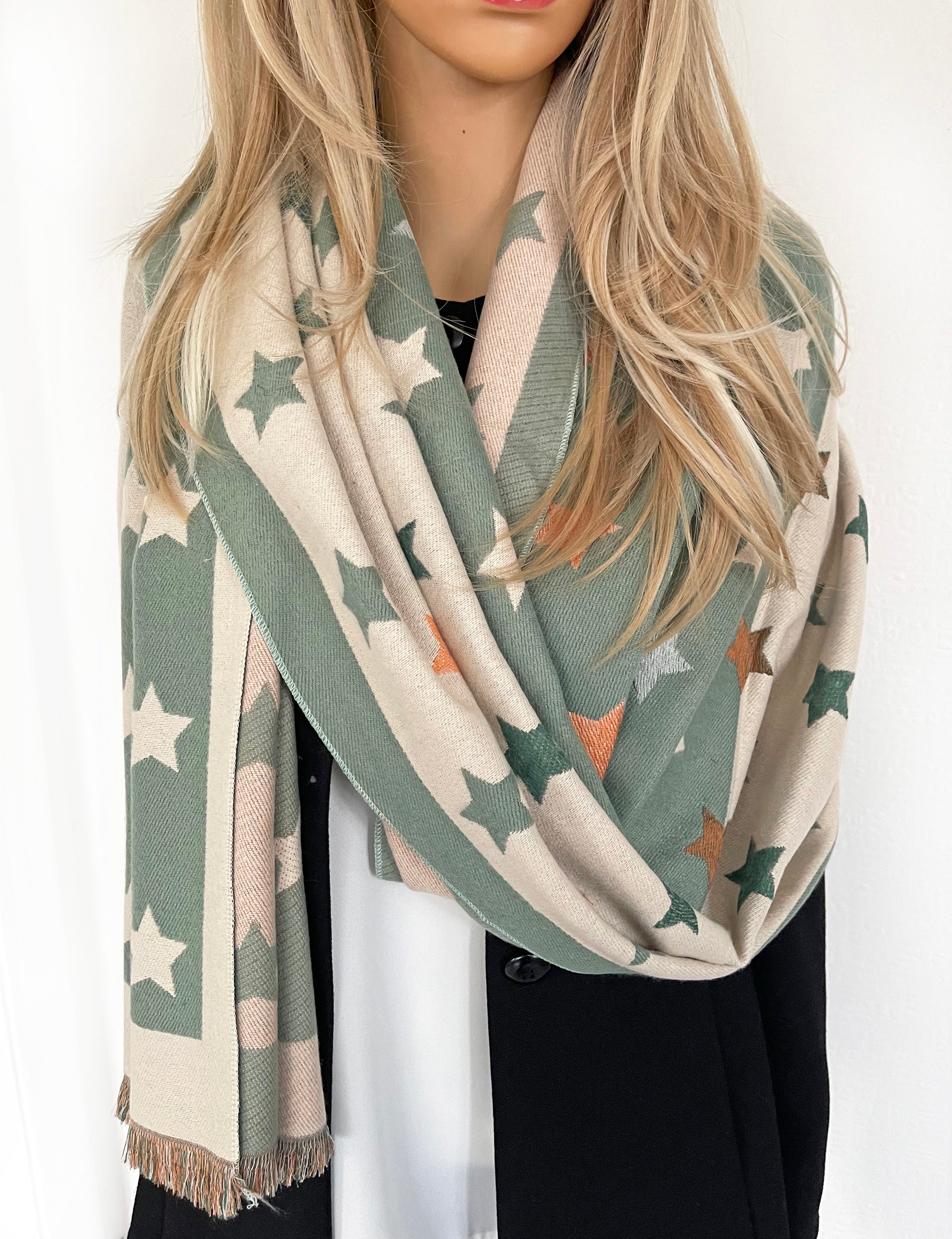 LARGE GREEN WOOL STAR PRINT REVERSIBLE WINTER SHAWL BLANKET SCARF