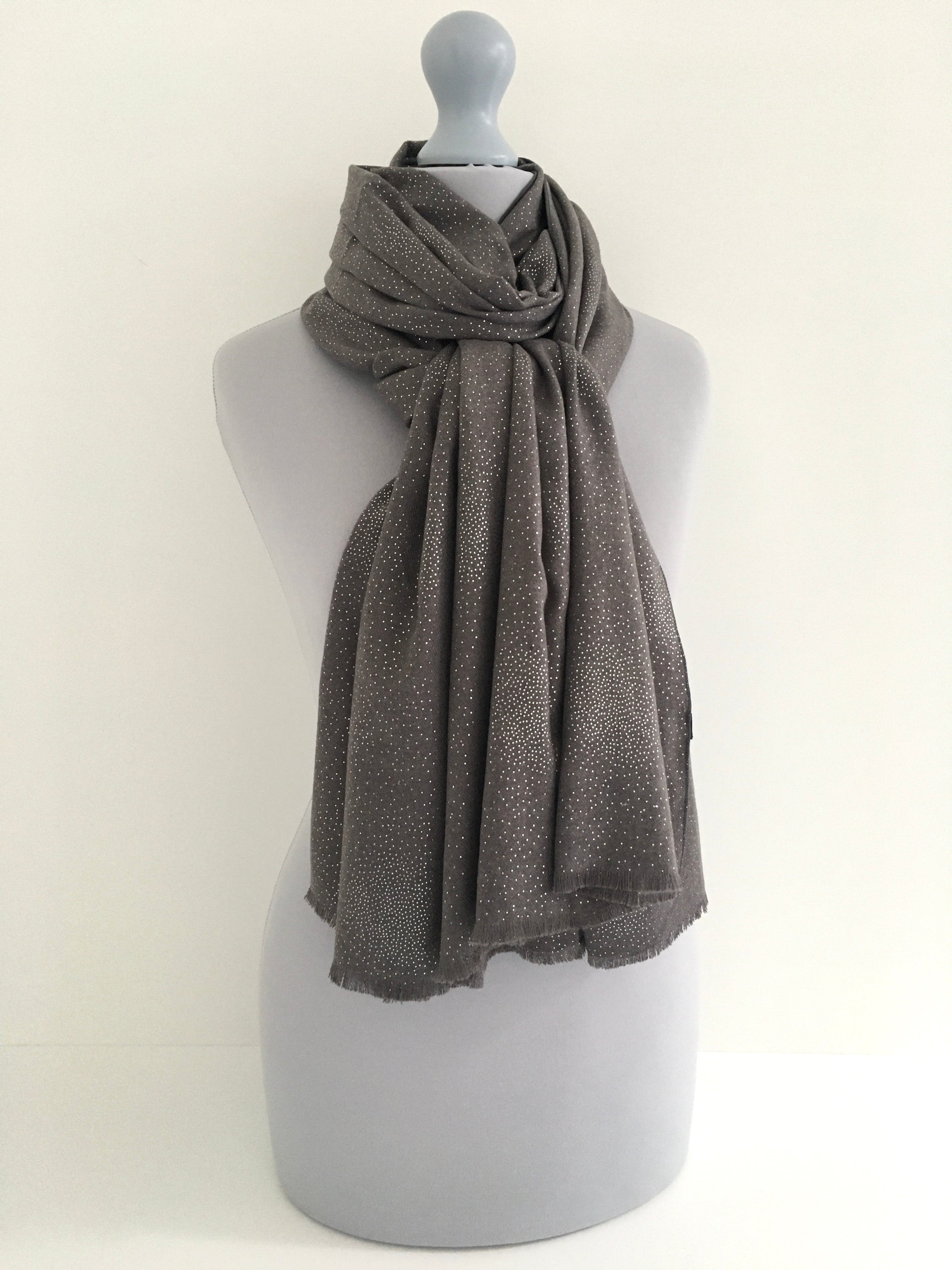 A-SHU LARGE GREY CASHMERE MIX SUPER SOFT PASHMINA SHAWL SCARF WITH METALLIC FOIL - A-SHU.CO.UK