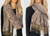 LARGE GREY REVERSIBLE MULTI COLOUR PAISLEY PRINT PASHMINA SHAWL SCARF WRAP