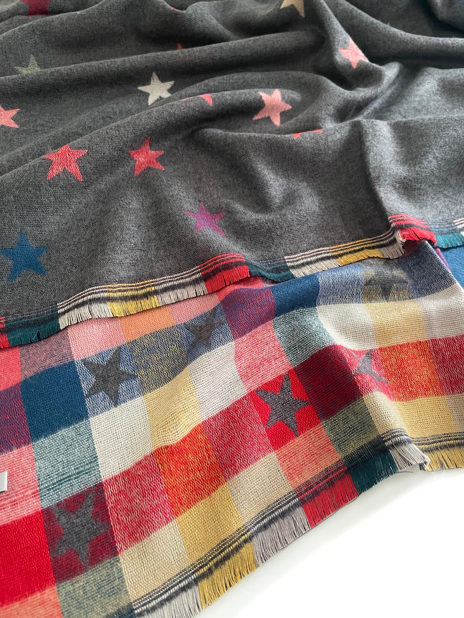 LARGE GREY STAR PRINT REVERSIBLE CHECKED WINTER SHAWL BLANKET SCARF