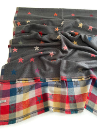 LARGE GREY STAR PRINT REVERSIBLE CHECKED WINTER SHAWL BLANKET SCARF