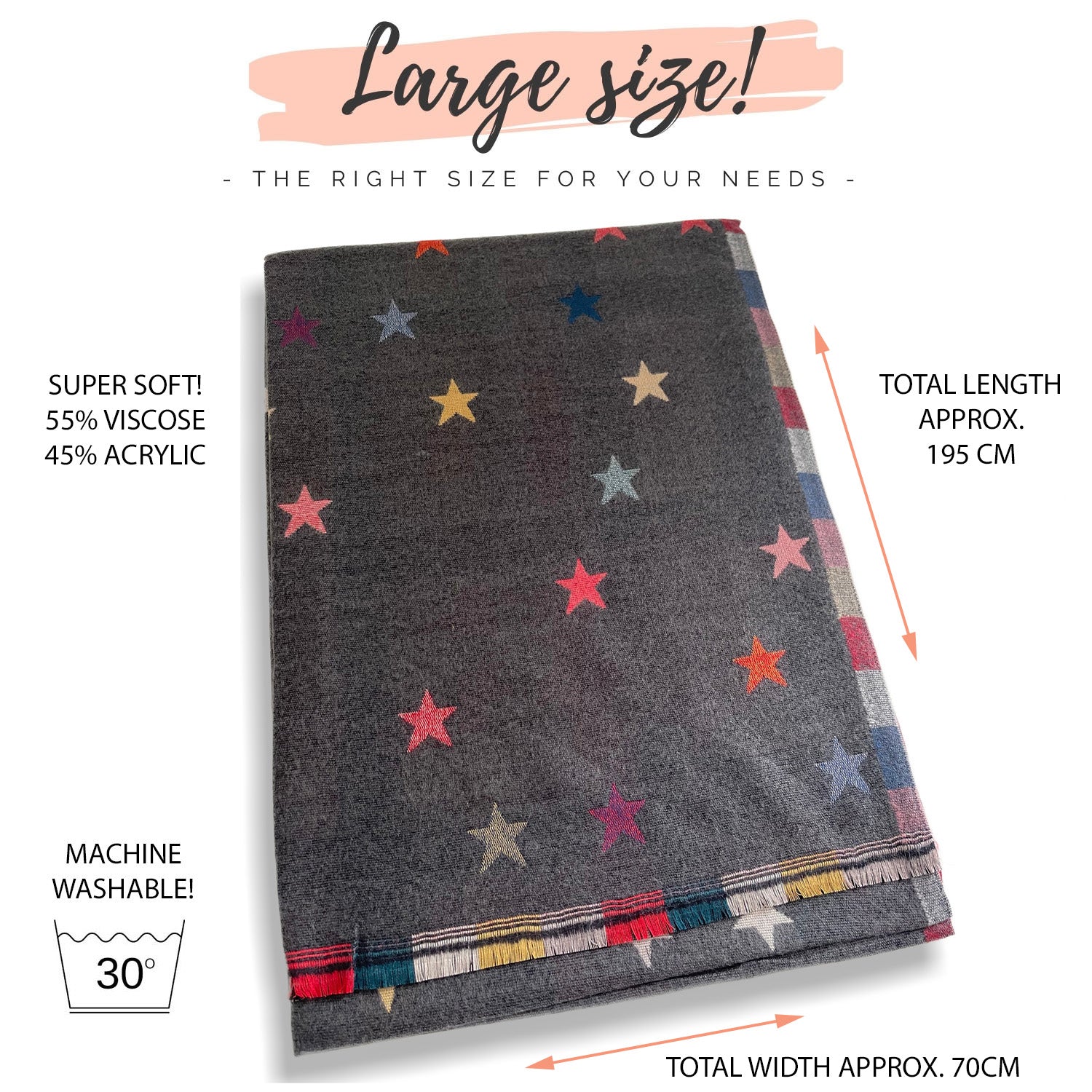 LARGE GREY STAR PRINT REVERSIBLE CHECKED WINTER SHAWL BLANKET SCARF