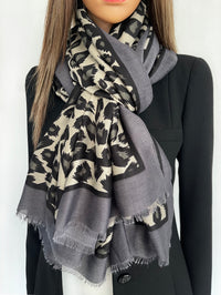 LARGE GREY STRIPE LEOPARD PRINT SHAWL SCARF