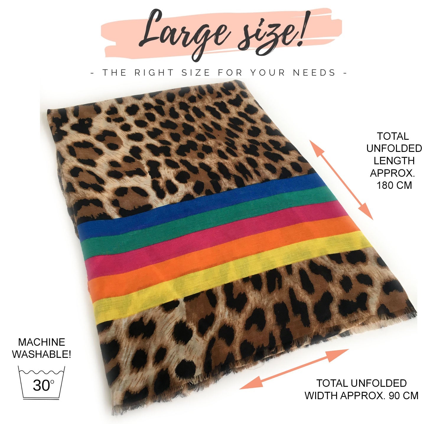 LARGE LEOPARD PRINT SHAWL SCARF WITH MULTI COLOUR RAINBOW STRIPES