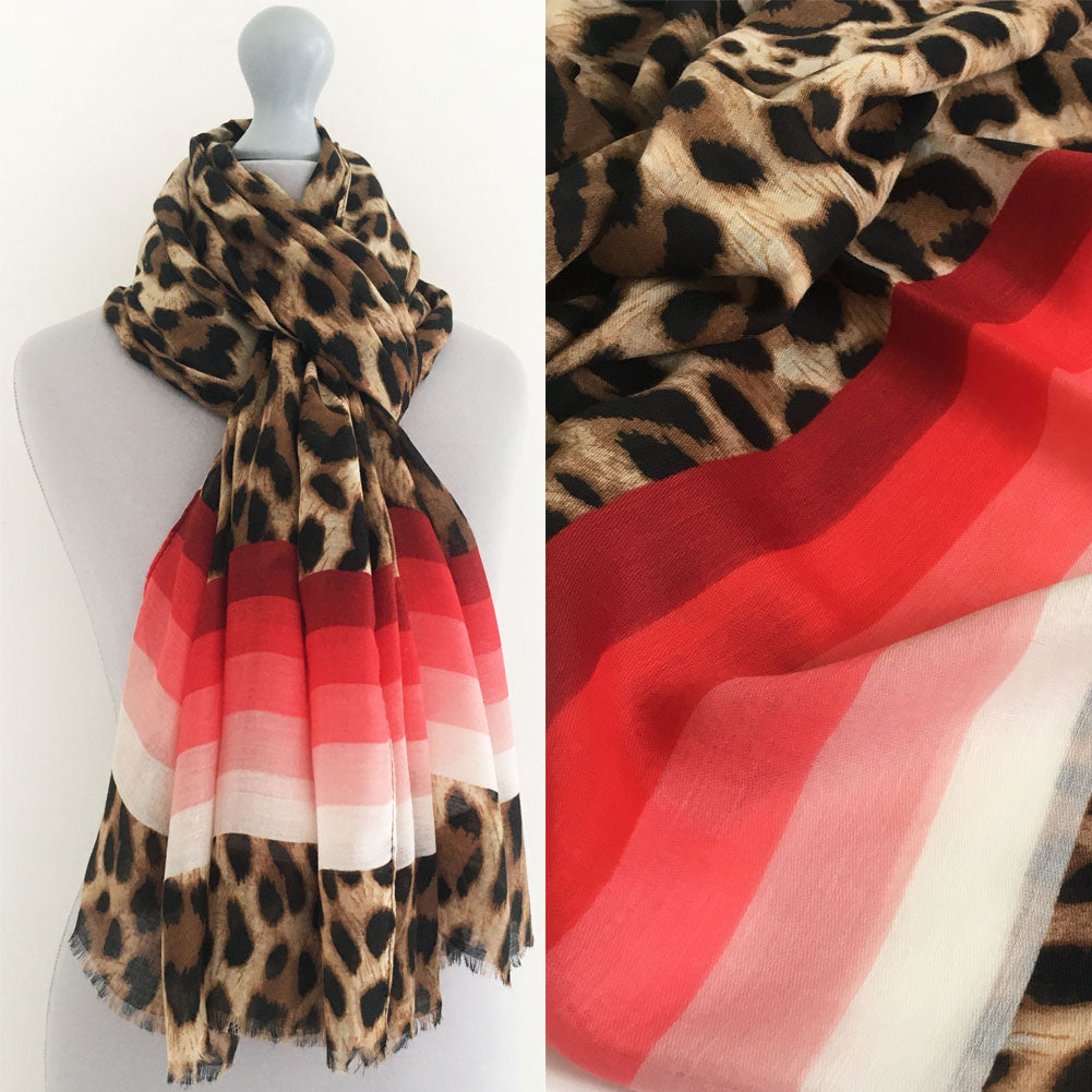 A-SHU LARGE LEOPARD PRINT SHAWL SCARF WITH RED STRIPES - A-SHU.CO.UK