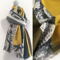 A-SHU LARGE MUSTARD YELLOW BLOCK PRINT SNAKESKIN SHAWL SCARF - A-SHU.CO.UK