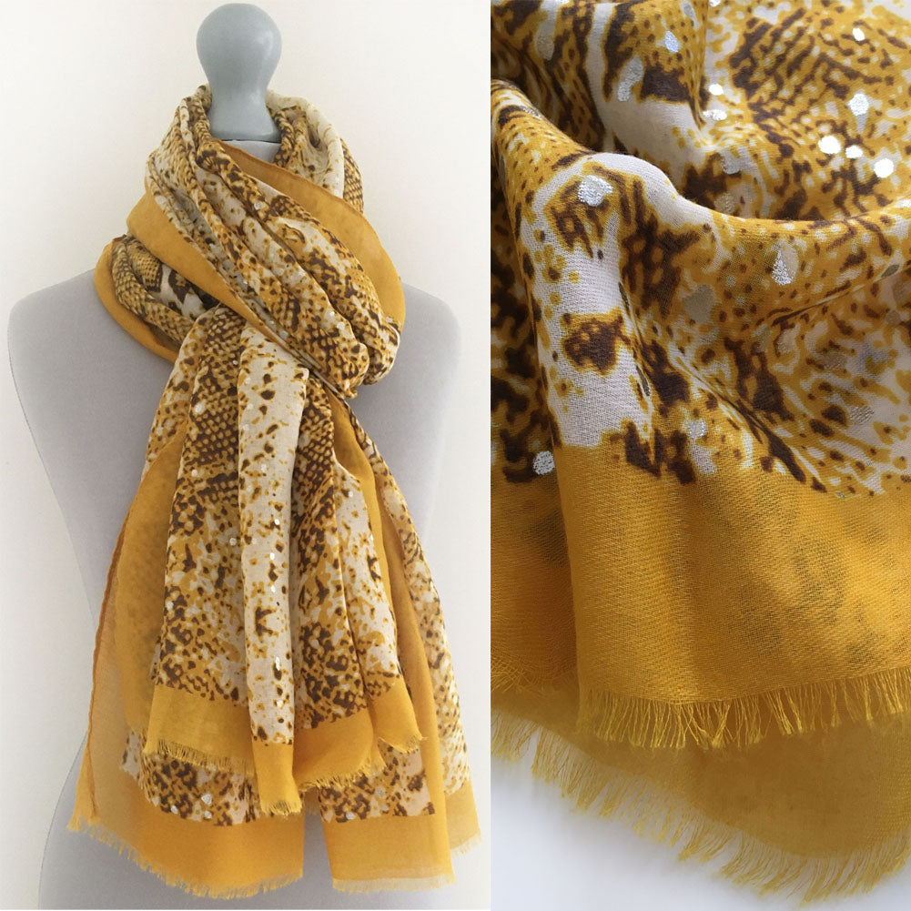 A-SHU LARGE MUSTARD YELLOW SNAKESKIN PRINT SHAWL SCARF WITH METALLIC DETAILING - A-SHU.CO.UK