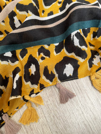 LARGE MUSTARD YELLOW TRIBAL LEOPARD PRINT SCARF WITH TASSELS