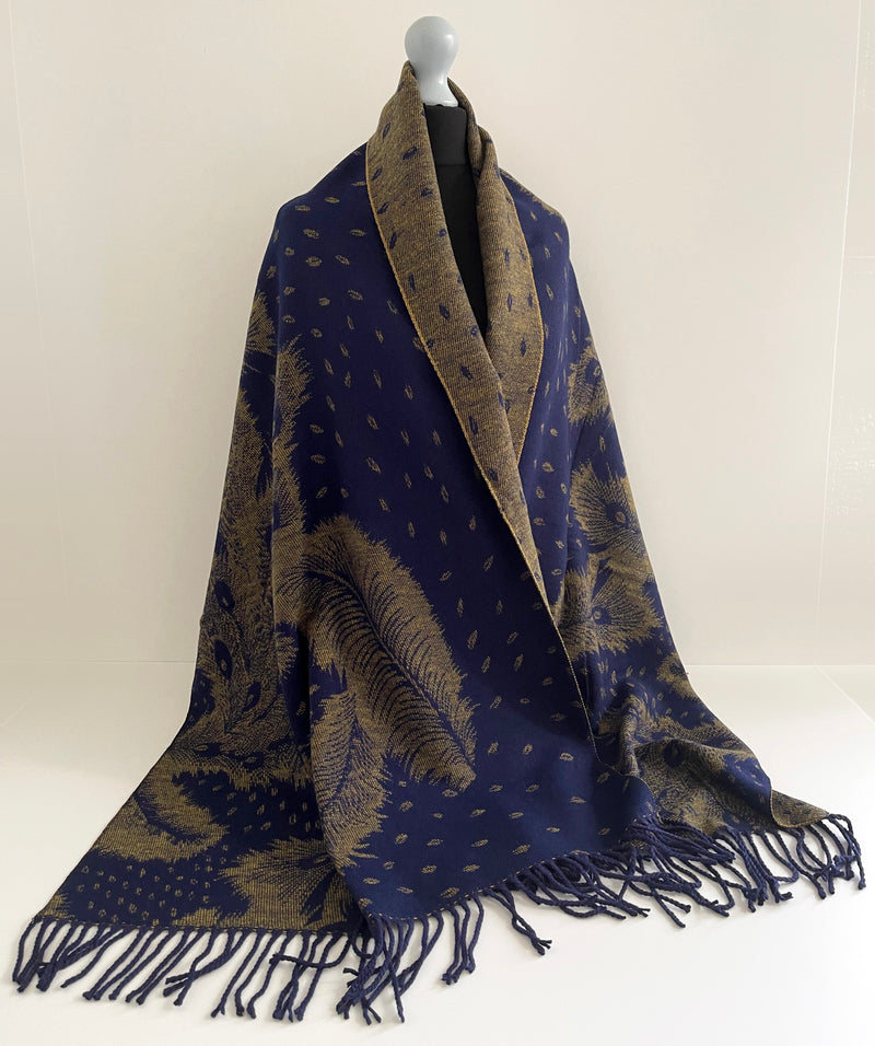 LARGE NAVY BLUE CASHMERE FEATHER PRINT REVERSIBLE WINTER SHAWL BLANKET SCARF