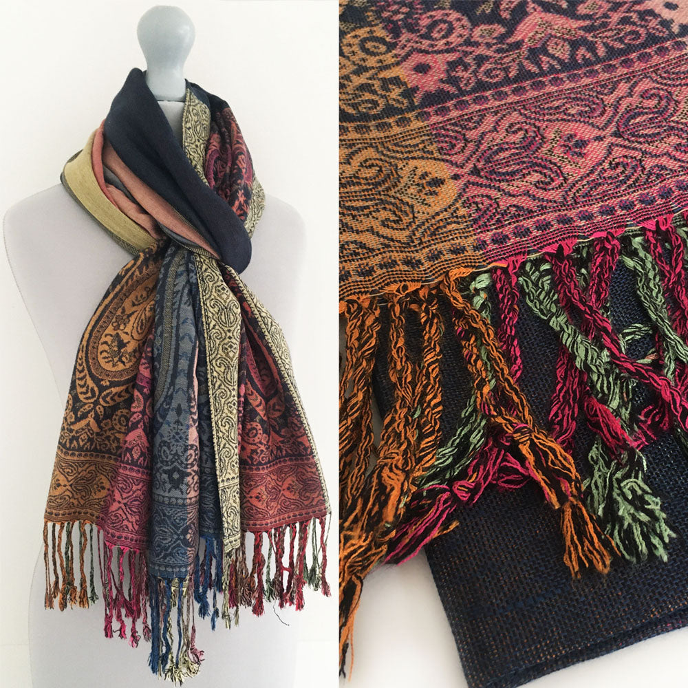 A-SHU LARGE NAVY BLUE RAINBOW MULTI COLOUR PAISLEY PRINT PASHMINA SHAWL SCARF - A-SHU.CO.UK
