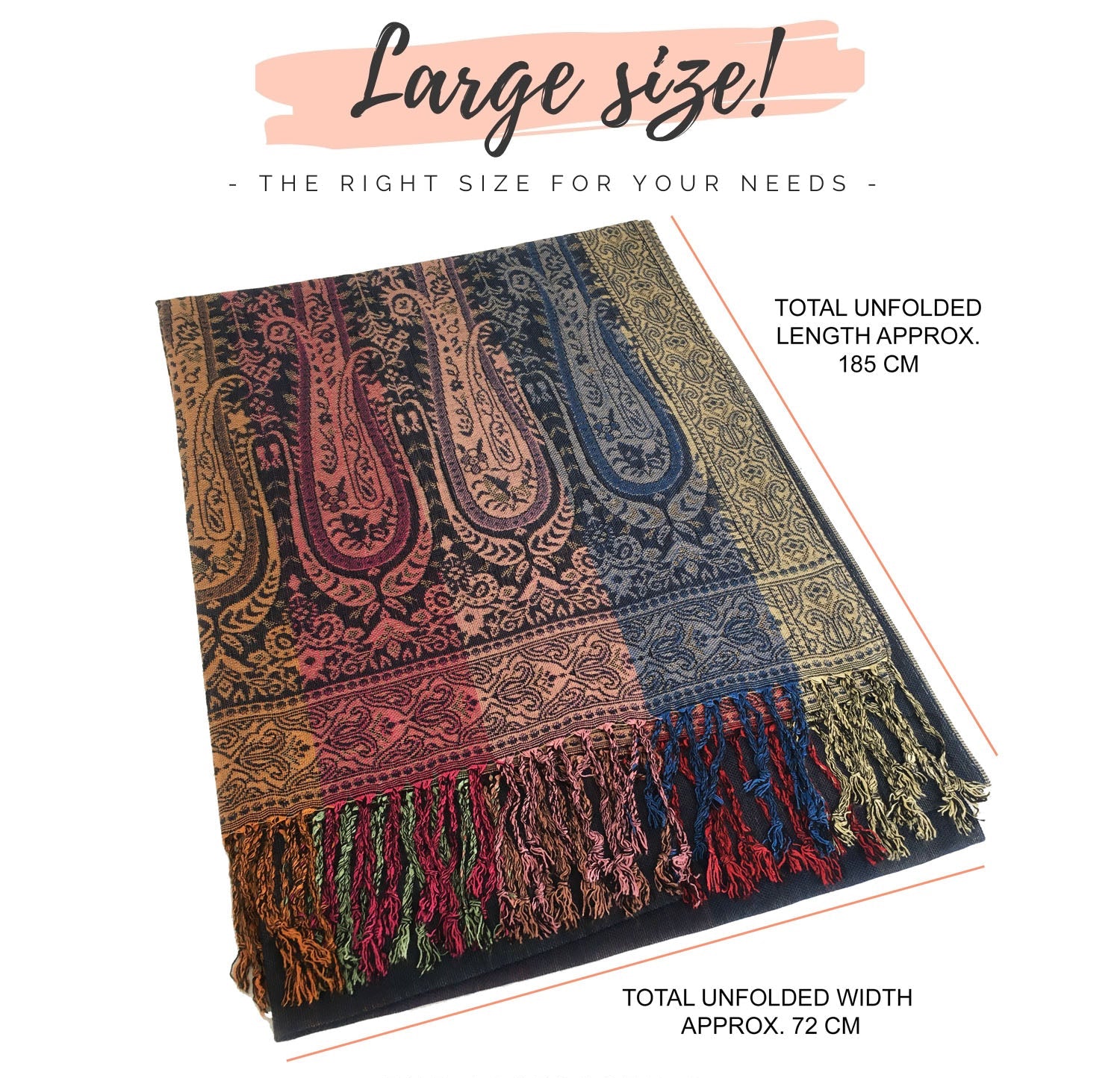 LARGE NAVY BLUE RAINBOW MULTI COLOUR PAISLEY PRINT PASHMINA SHAWL SCARF