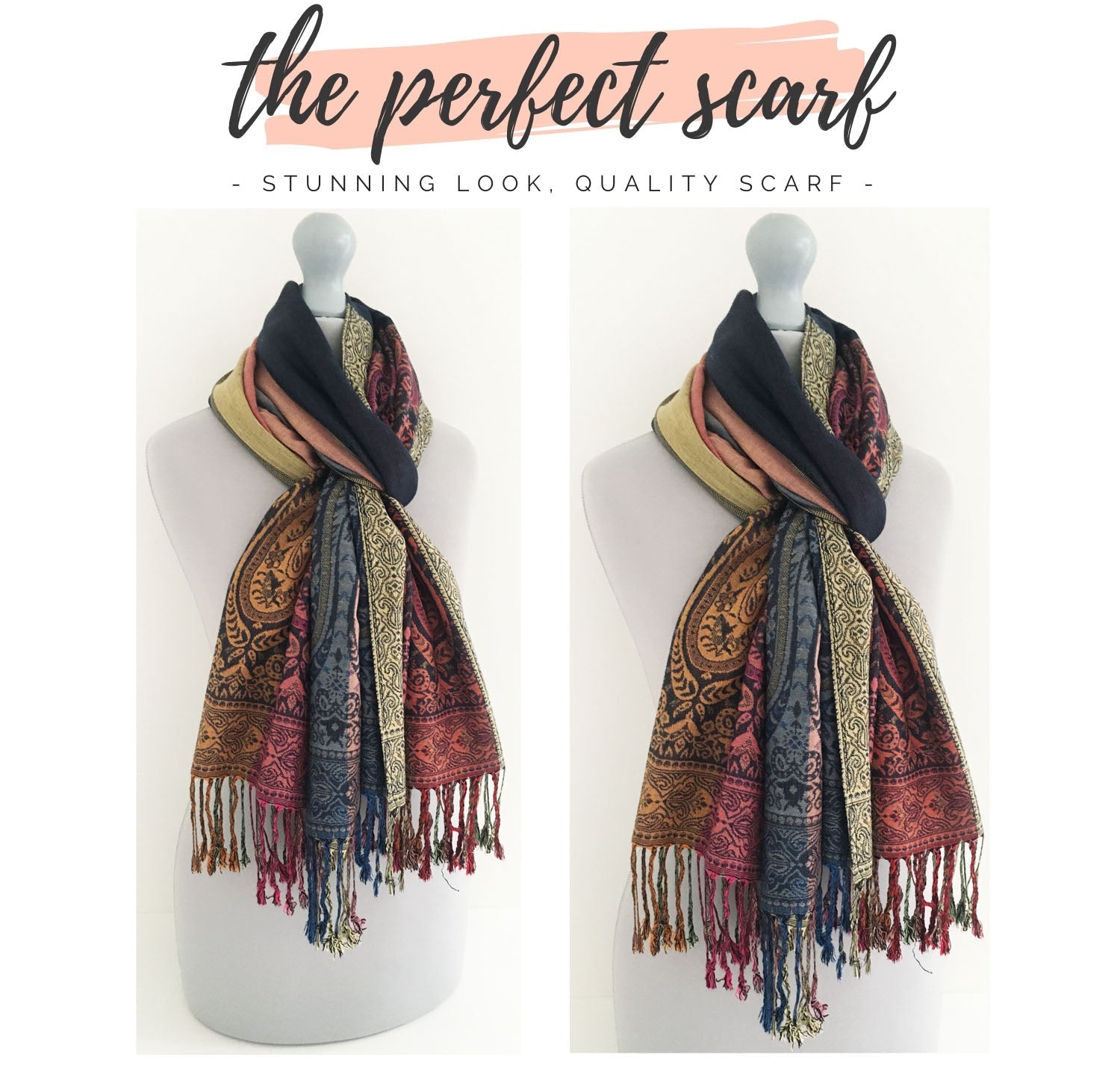 LARGE NAVY BLUE RAINBOW MULTI COLOUR PAISLEY PRINT PASHMINA SHAWL SCARF