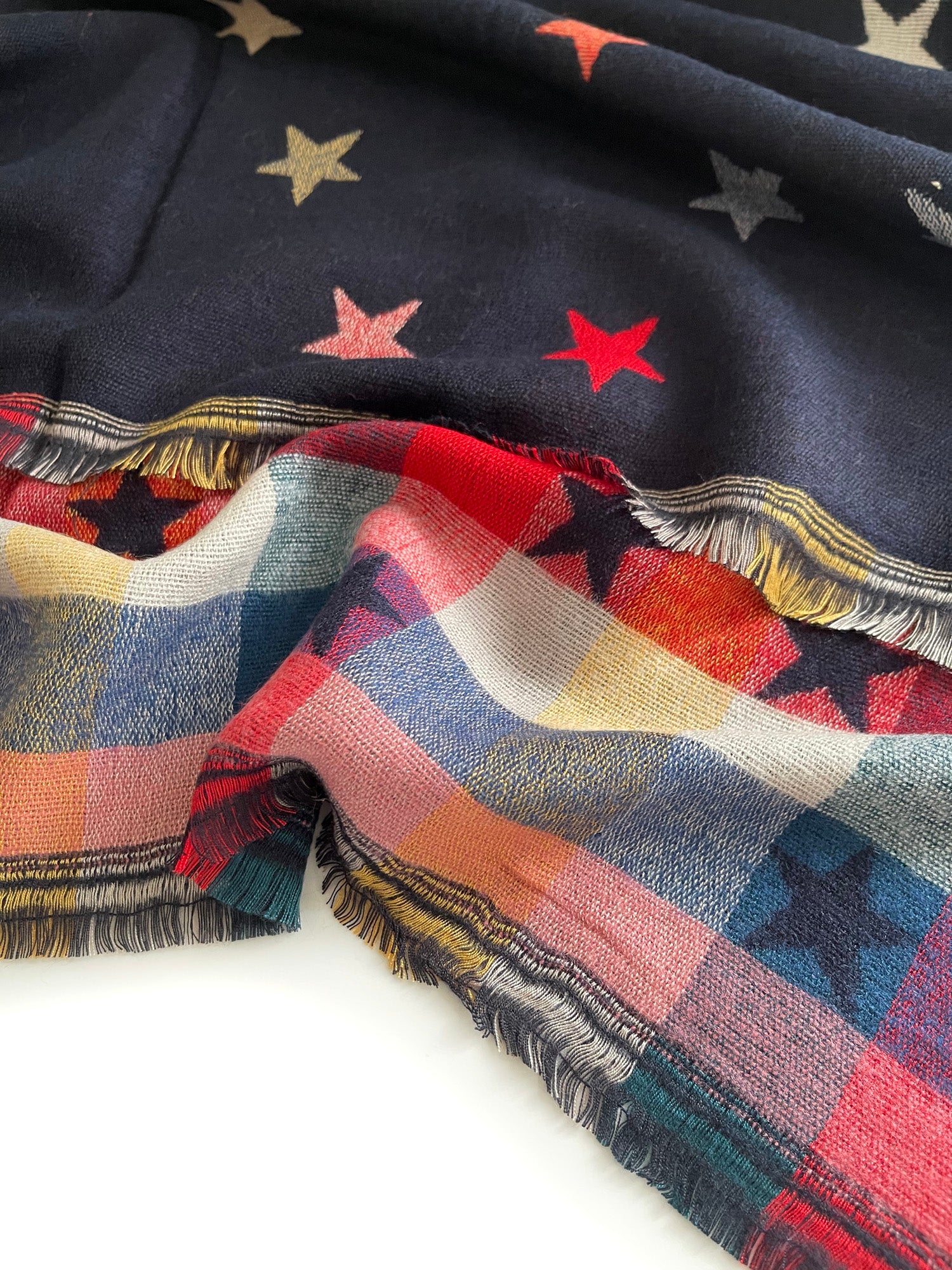 LARGE NAVY BLUE STAR PRINT REVERSIBLE CHECKED WINTER SHAWL BLANKET SCARF