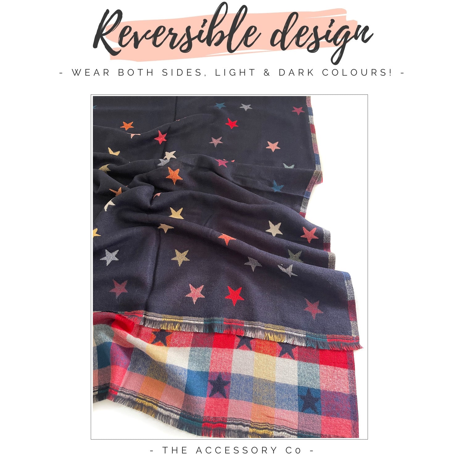 LARGE NAVY BLUE STAR PRINT REVERSIBLE CHECKED WINTER SHAWL BLANKET SCARF