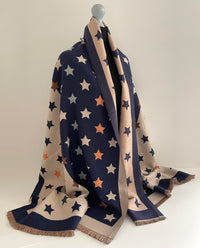 LARGE NAVY BLUE WOOL STAR PRINT REVERSIBLE WINTER SHAWL BLANKET SCARF