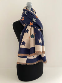 LARGE NAVY BLUE WOOL STAR PRINT REVERSIBLE WINTER SHAWL BLANKET SCARF