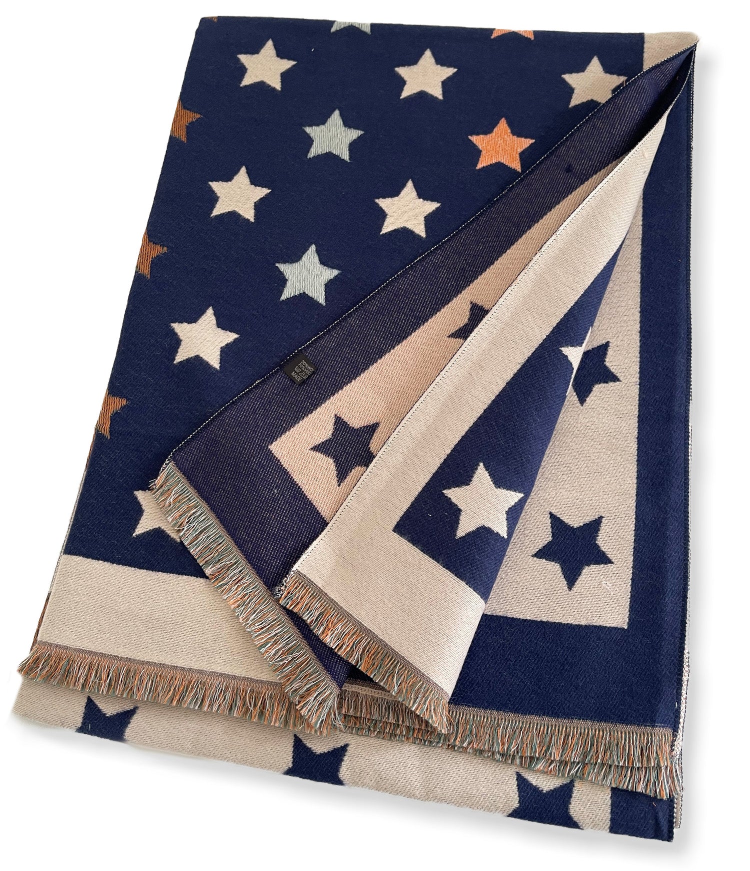 LARGE NAVY BLUE WOOL STAR PRINT REVERSIBLE WINTER SHAWL BLANKET SCARF