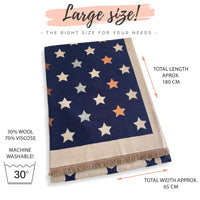 LARGE NAVY BLUE WOOL STAR PRINT REVERSIBLE WINTER SHAWL BLANKET SCARF