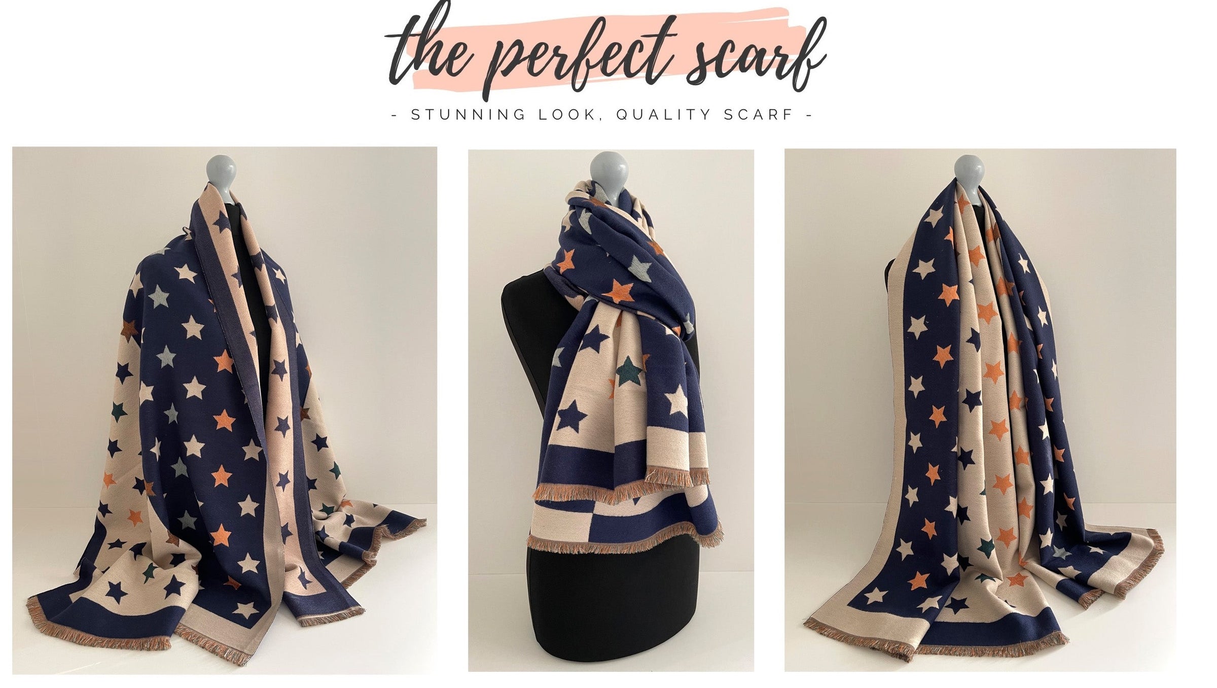 LARGE NAVY BLUE WOOL STAR PRINT REVERSIBLE WINTER SHAWL BLANKET SCARF