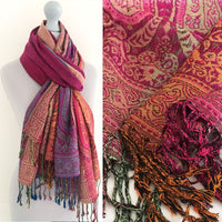 A-SHU LARGE PINK RAINBOW MULTI COLOUR PAISLEY PRINT PASHMINA SHAWL SCARF - A-SHU.CO.UK