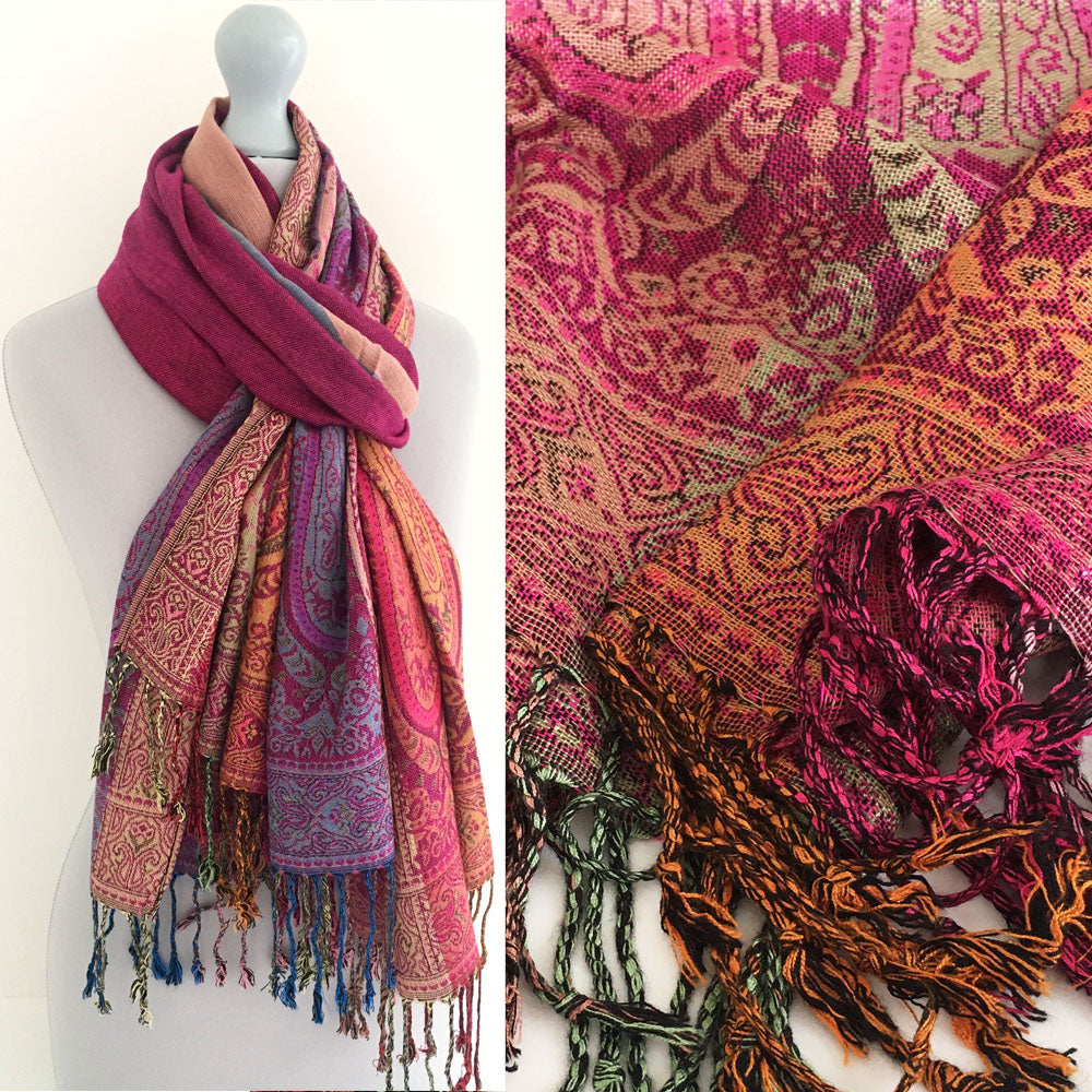 A-SHU LARGE PINK RAINBOW MULTI COLOUR PAISLEY PRINT PASHMINA SHAWL SCARF - A-SHU.CO.UK