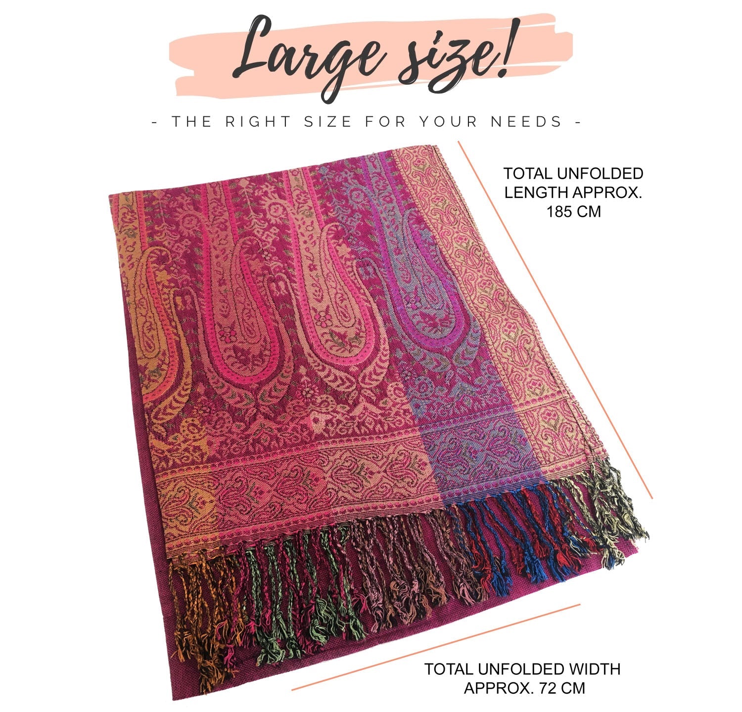 LARGE PINK RAINBOW MULTI COLOUR PAISLEY PRINT PASHMINA SHAWL SCARF