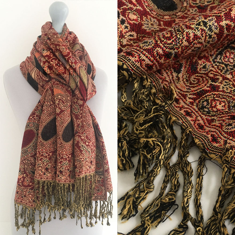 A-SHU LARGE RED MULTI COLOUR PAISLEY PRINT PASHMINA SHAWL SCARF - A-SHU.CO.UK