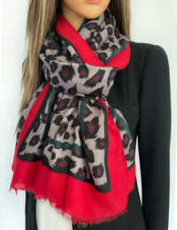 LARGE RED STRIPE LEOPARD PRINT SHAWL SCARF