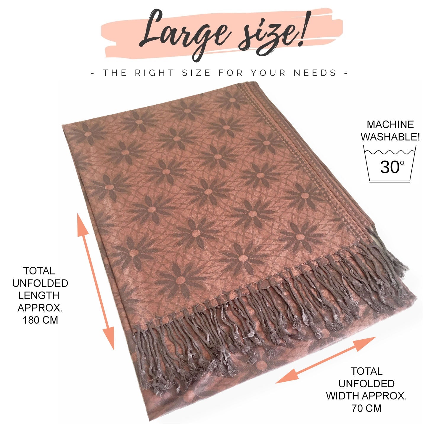 LARGE ROSE GOLD FLORAL DAISY PRINT GEOMETRIC REVERSIBLE PASHMINA SHAWL SCARF