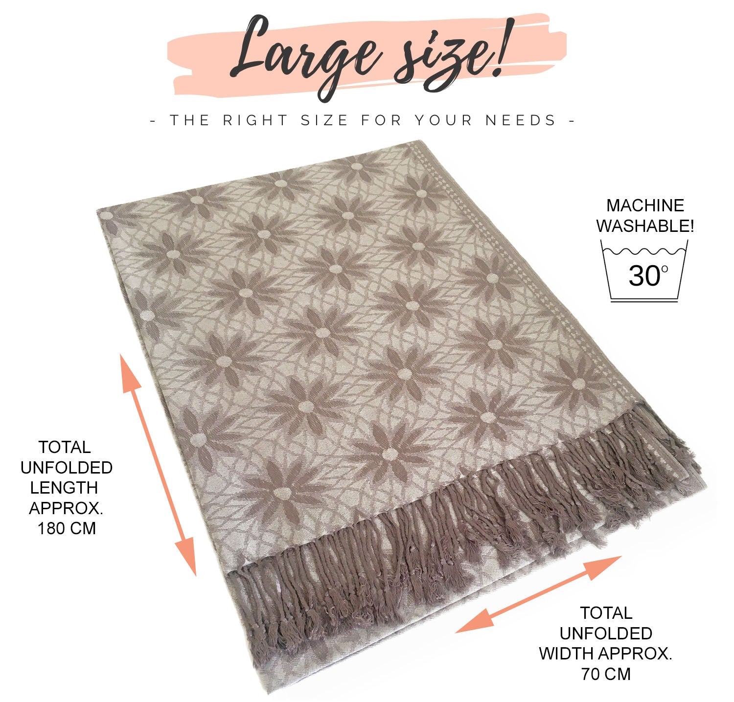 LARGE SILVER FLORAL DAISY PRINT GEOMETRIC REVERSIBLE PASHMINA SHAWL SCARF