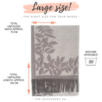LARGE SILVER GREY LEAF PRINT REVERSIBLE PASHMINA SHAWL SCARF
