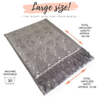 LARGE SILVER SWIRL FLORAL PRINT REVERSIBLE PASHMINA SHAWL SCARF